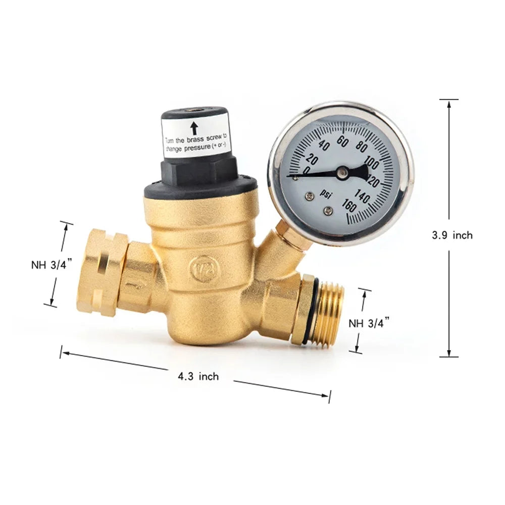 Adjustable Water Pressure Regulator Valve - Lead-Free Brass, with 0-160PSI Gauge and Inlet Screened Filter, Ideal for  and Travel Trailers