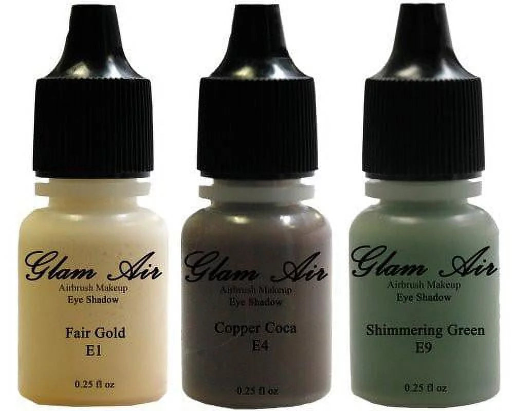 Glam Air Set of Three (3) s-E1 Fair Gold E4Copper Cocoa, &amp; E9shimmery Green,  Airbrush Water-based 0.25 Fl. Oz. Bottles of Eyeshadow Shimmery Green, Copper Cocoa, Fair Gold