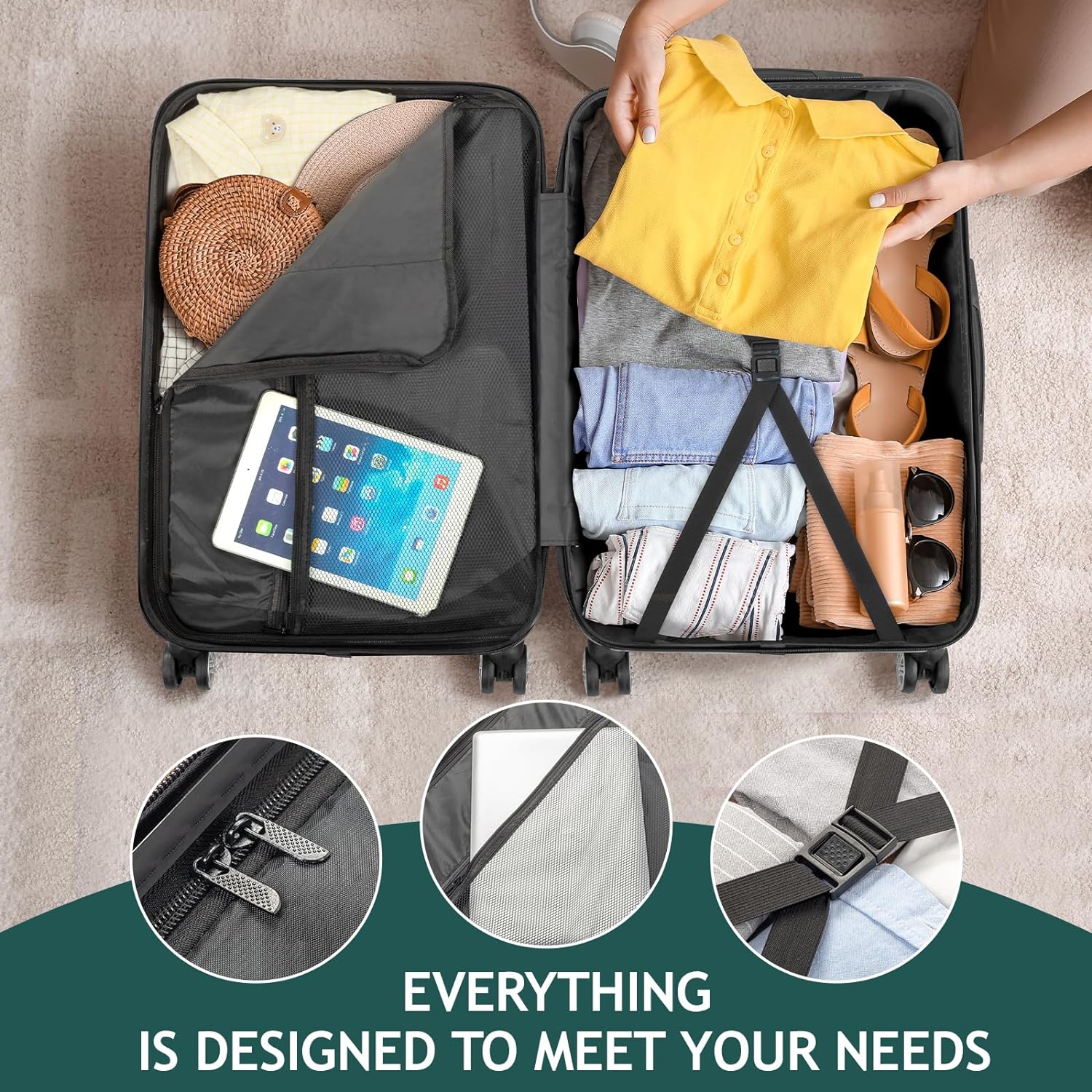 Business - Dark Green (20/24/28)  Luggage Set of 3 Hardside Carry on Suitcase Sets with Spinner Wheels &  lock, Portable Lightweight  Luggages for Travel