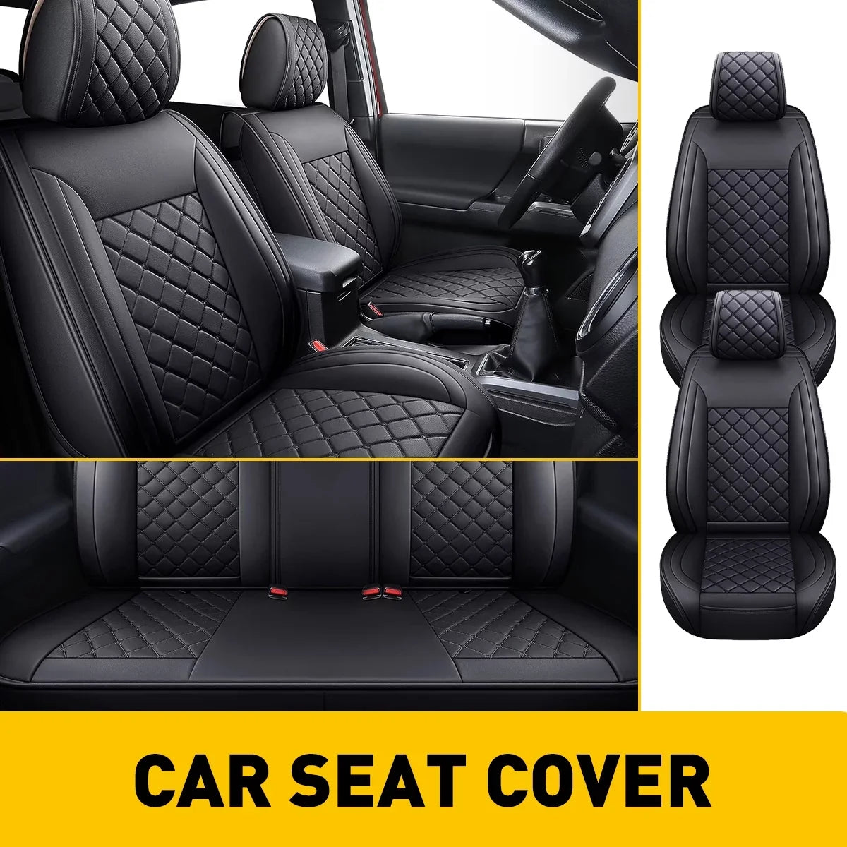 Car Seat Covers Full Set With Waterproof Leather Fit for 2007-2023 Toyota Tacoma Crew Cab (Full Set, Black)
