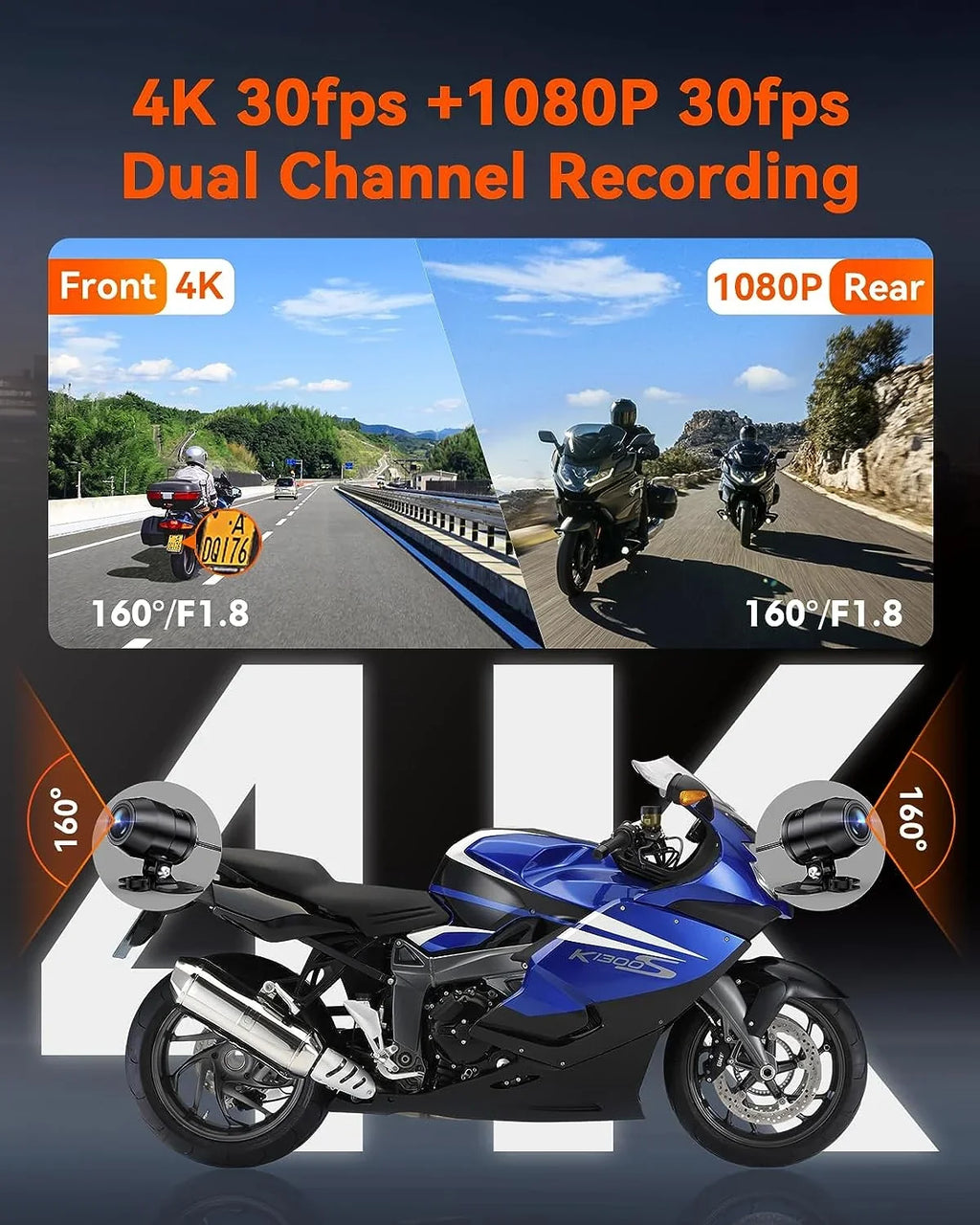 Vantrue F1 Motorcycle 4K Dashcam (4K + 1080P)  | WiFi | Parking Mode (No  Card)