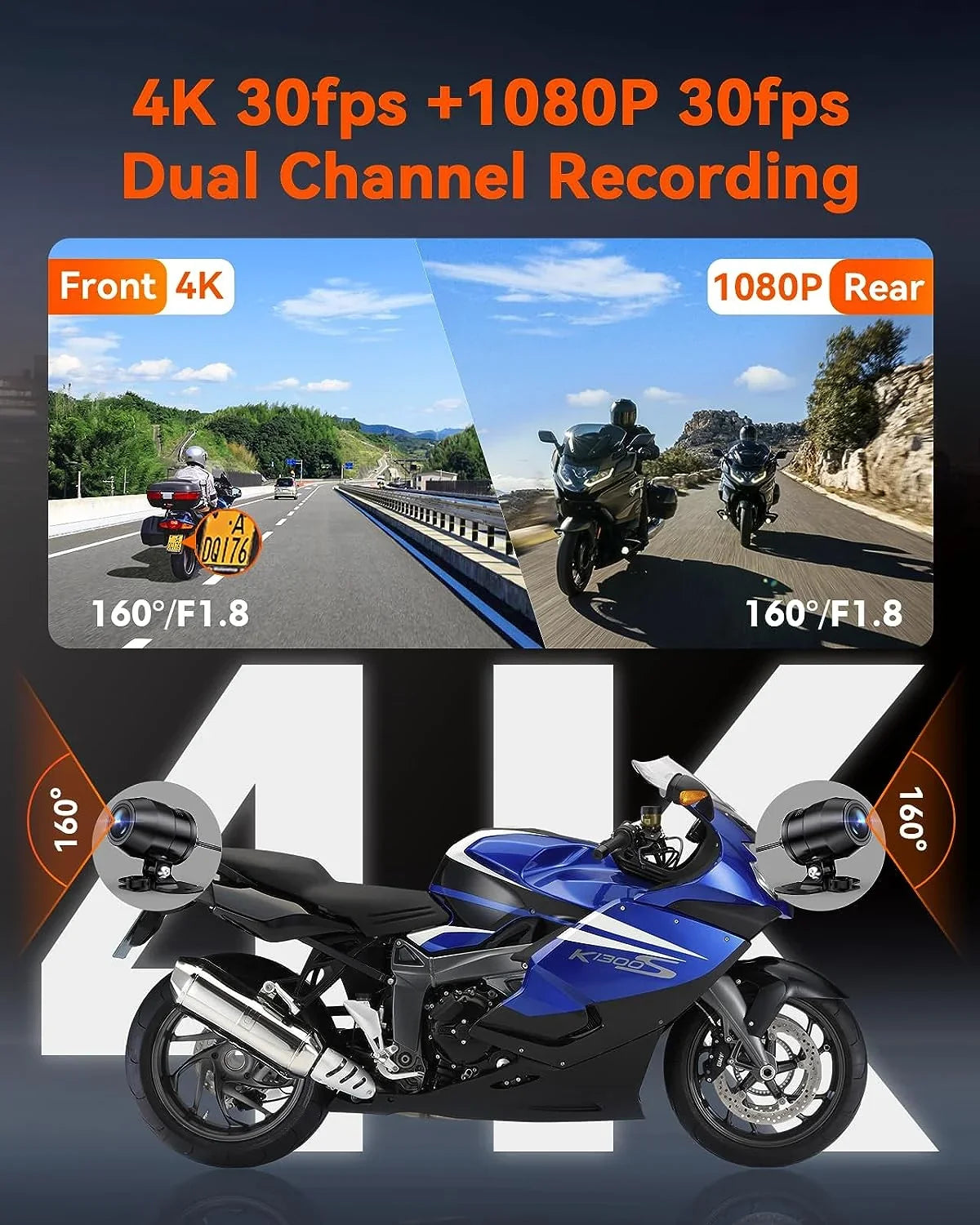 Vantrue F1 Motorcycle 4K Dashcam (4K + 1080P)  | WiFi | Parking Mode (No  Card)