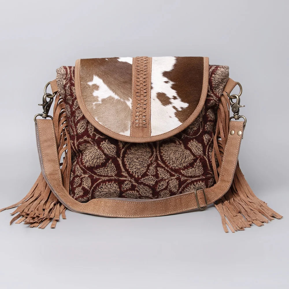 KB483 Cross Body Upcycled Canvas Hair-On Genuine Leather women bag western handbag purse
