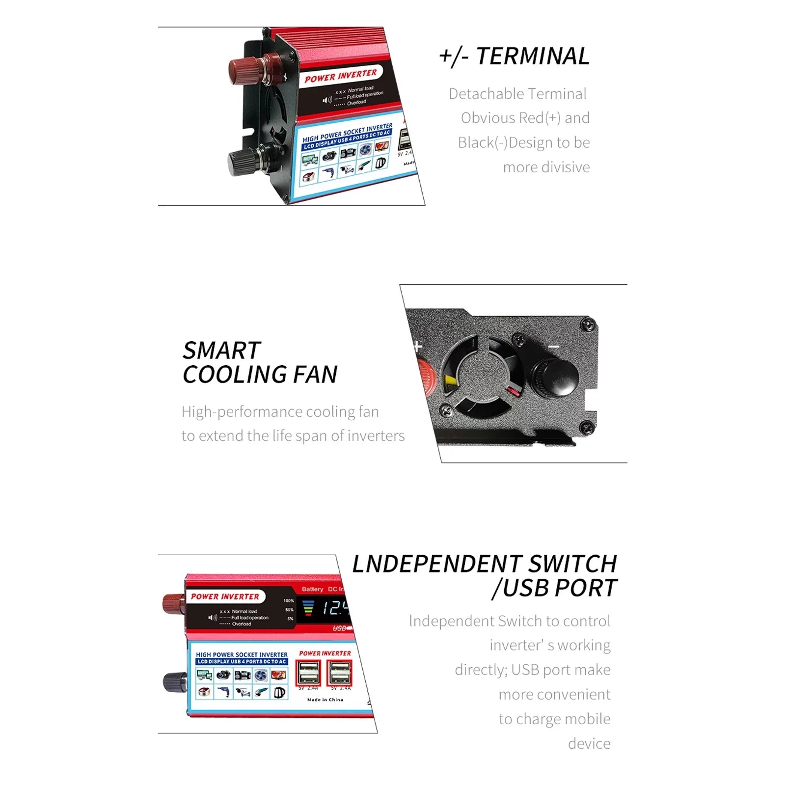 Nebublu Solar  Inverter, High Efficiency Sine Inverter for Car ,  Converter with  Display,  12V to  850-950W, Energy Saving