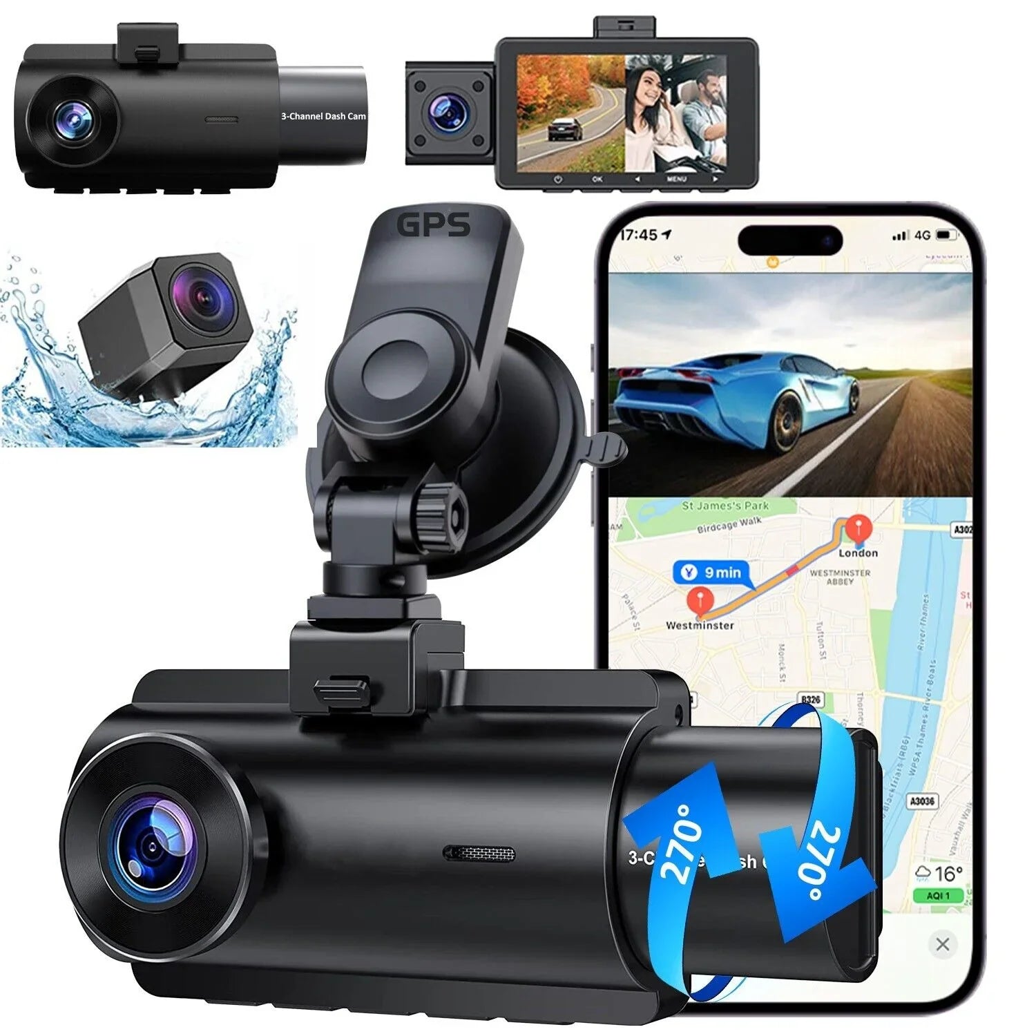 3 Lens Cars True 4K Dual Dash Camera Front & Rear WiFi& Track Video Recorder