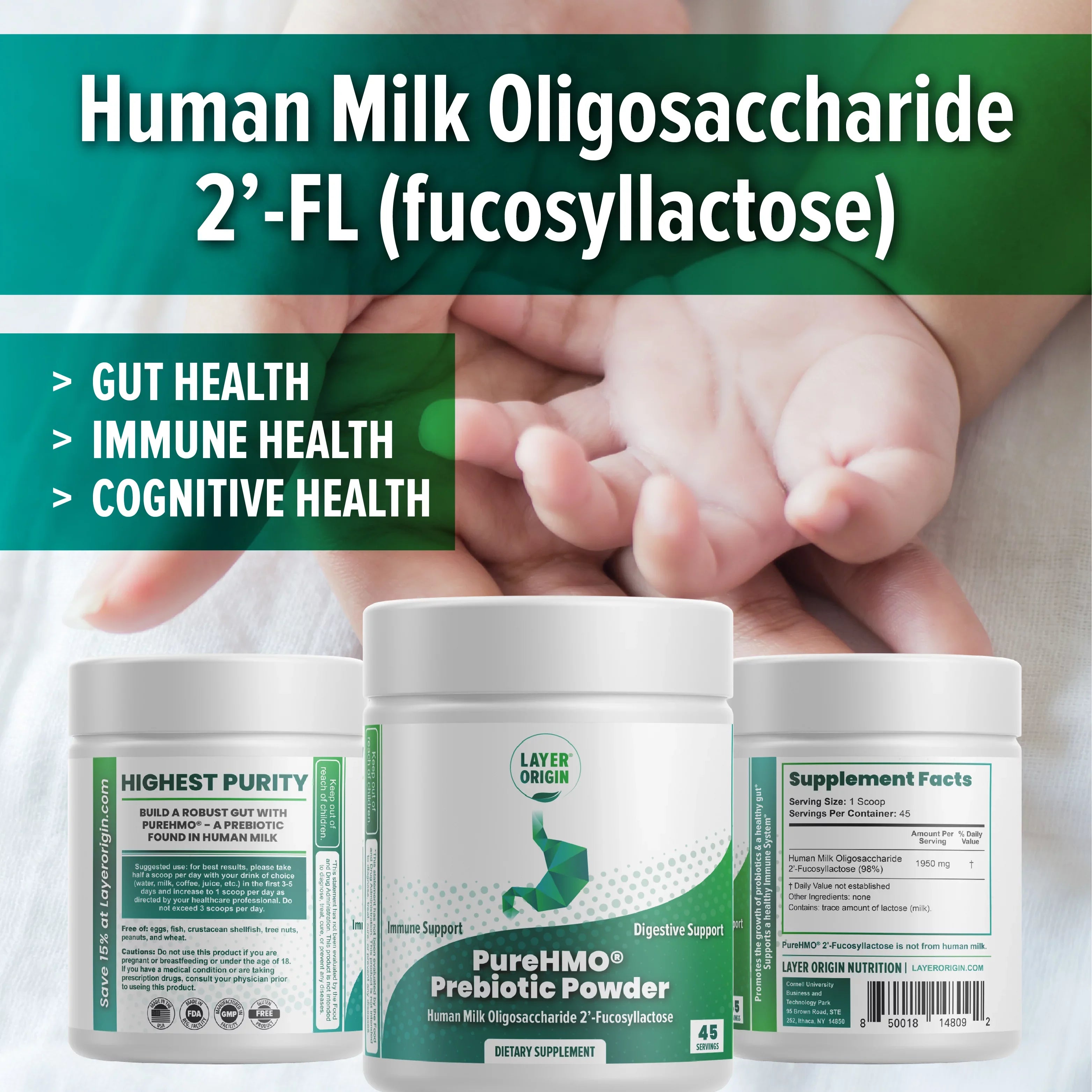 PureHMO Human Milk Oligosaccharide Powder - Bioidentical 2'-Fucosyllactose - 1950 mg - 45 Servings