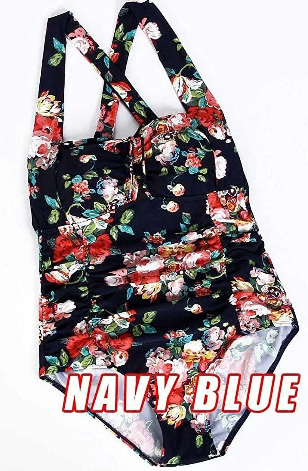 QZUnique Women's One Piece Bathing Suit Tummy Control Swimwear Halter Ruched Swimsuit Plus Size Vintage Monokini