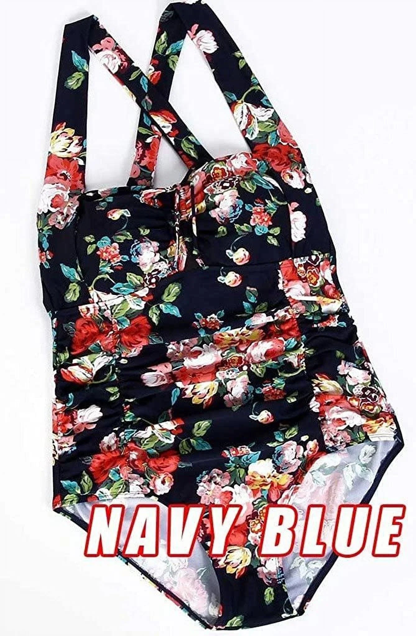 QZUnique Women's One Piece Bathing Suit Tummy Control Swimwear Halter Ruched Swimsuit Plus Size Vintage Monokini