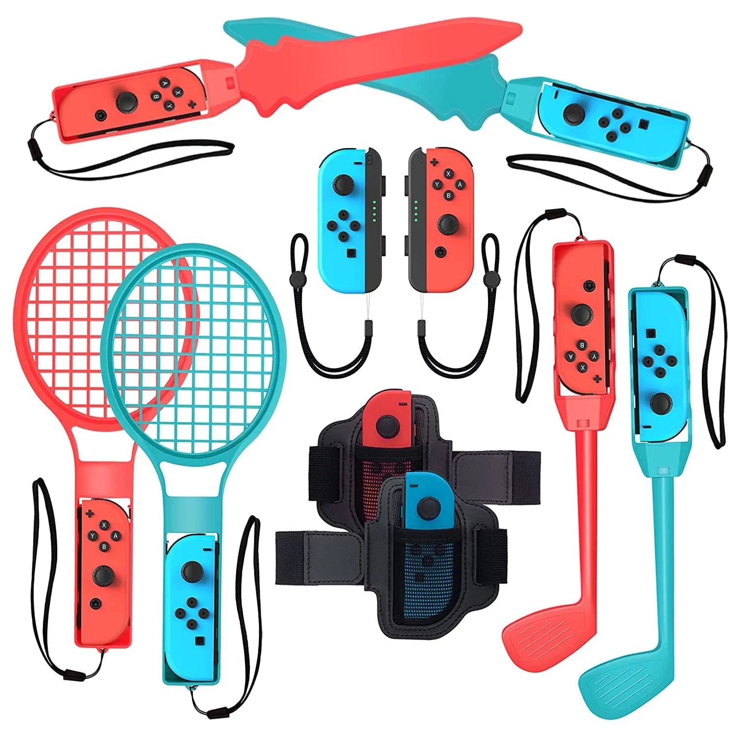 10 in 1 Family Accessories Kit for Switch Sports, Accessories Bundle with Tennis Rackets,Sword Grips,Golf Clubs etc