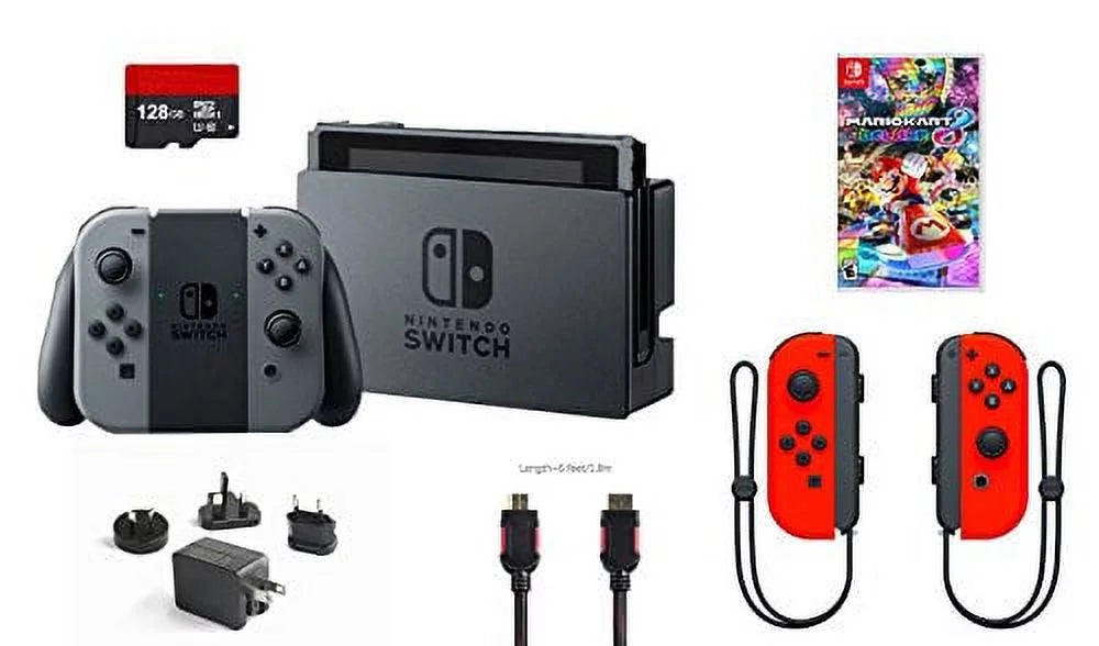 Nintendo Switch 6 items Bundle:Nintendo Switch 32GB Console Gray Joy-con,128GB Micro  Card Nintendo Joy-Con (L/R) Wireless Controllers Neon Red,Mario Kart 8 Deluxe Mytrix  Cable and Wall Charger