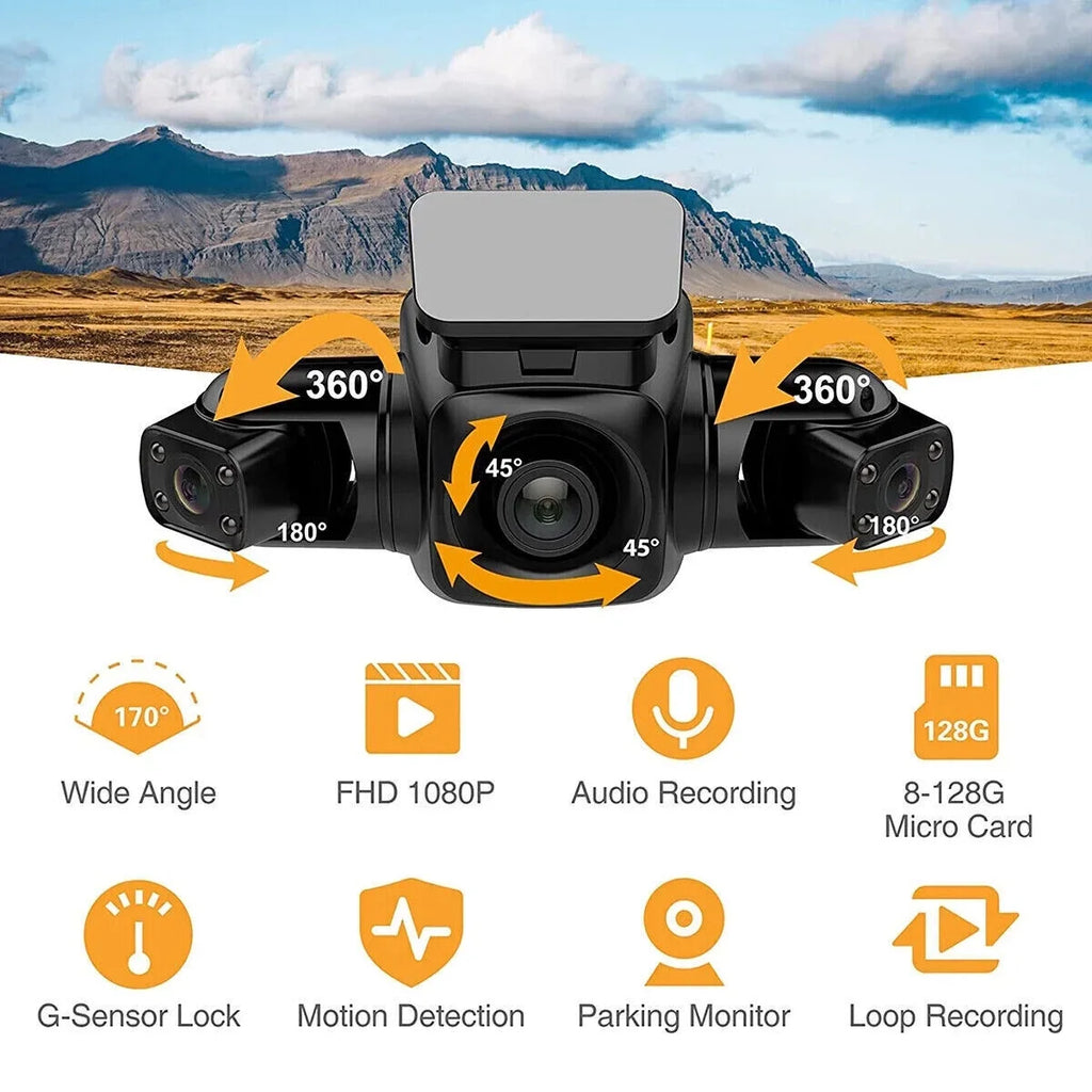 3 Channel Dash Cam Front, Left, Right and Rear, Front and Rear Inside, 360°Panoramic Driving Recorder  Car Cameras Night Vision