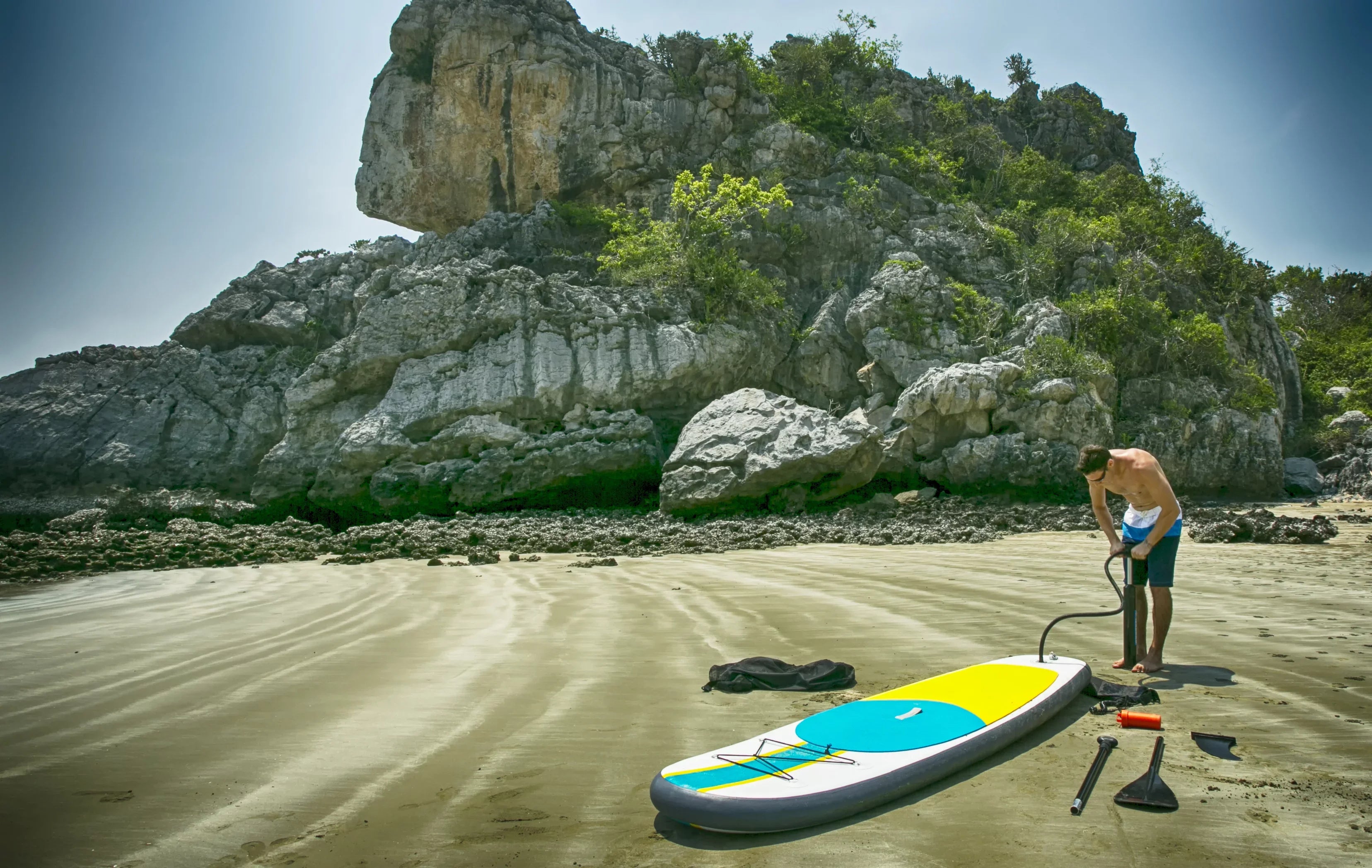 Blue Water Toys Inflatable Crossover Stand Up Paddle Board/Kayak Kit - Blue Yellow 10 feet by 32 inches