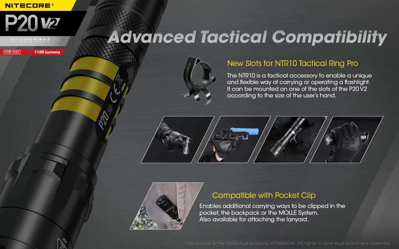 Combo: Nitecore P20 V2 Tactical  Flashlight -  -L2 V6 - 1100 Lumens w/NL189 Battery +2x Free Eco-Sensa CR123A Batteries