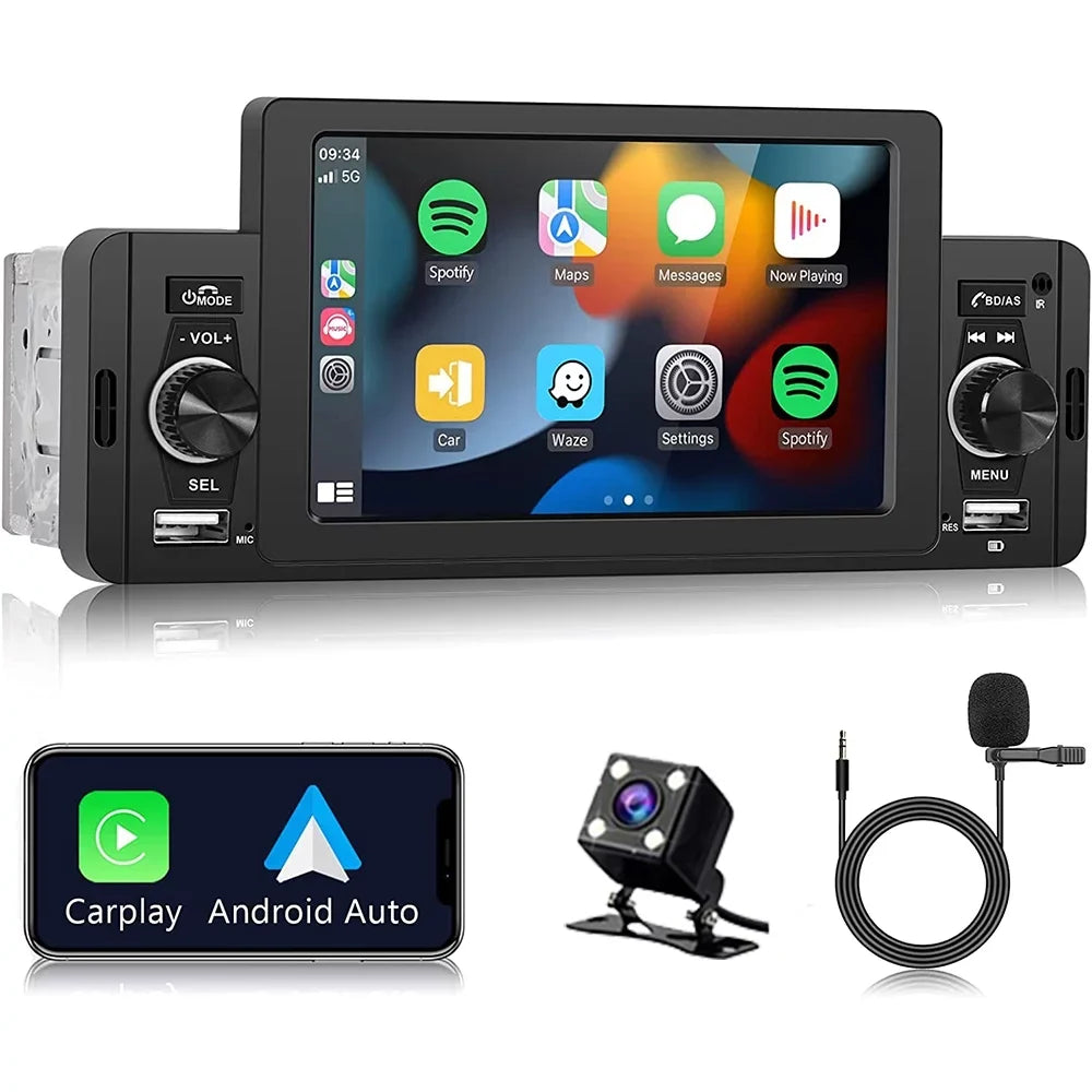 Podofo Single 1 Din 5'' Touch Screen Car Stereo Radio with Apple Carplay Android Auto Mirror Link  Car MP5 Multimedia Player Bluetooth   Audio Receiver , Backup Camera Included