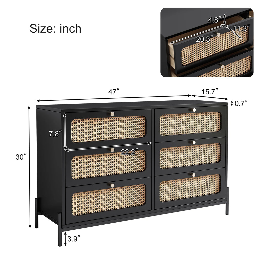 Al Fresco Accent Storage Cabinet with 6 Drawer, Modern Wide Chest of Drawers, 3 Tier Wood Dresser for Bedroom, Living Room, Entryway, Black