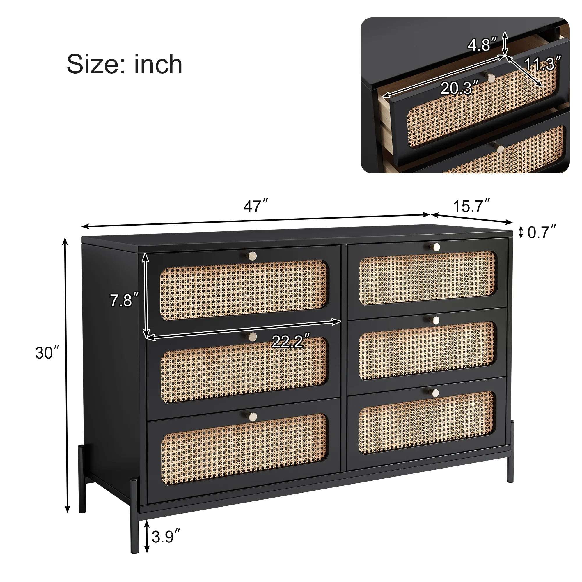 Al Fresco Accent Storage Cabinet with 6 Drawer, Modern Wide Chest of Drawers, 3 Tier Wood Dresser for Bedroom, Living Room, Entryway, Black