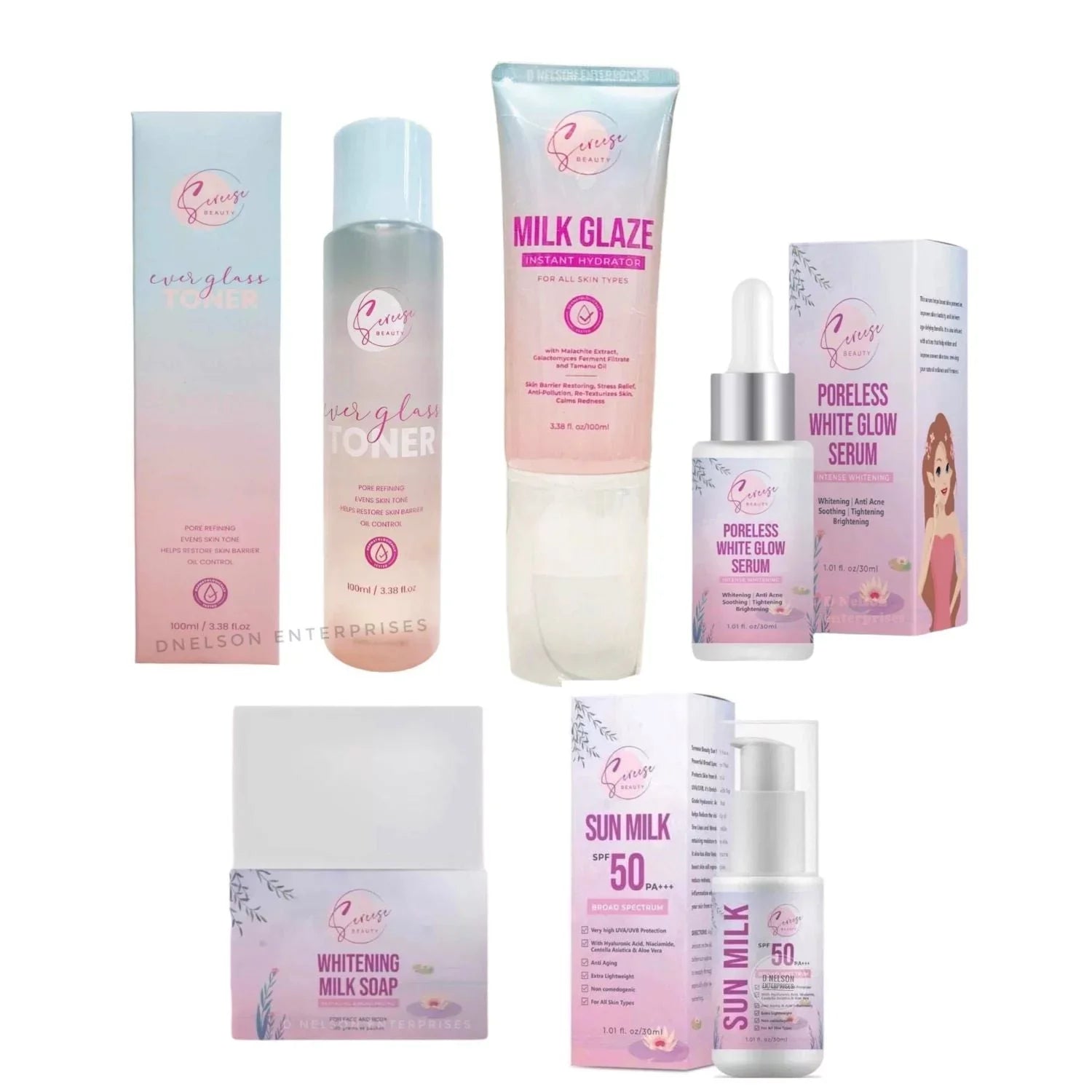Sereese Beauty Complete Facial Bundle: Soap, Toner, Serum, Milk Glaze & Sun Milk