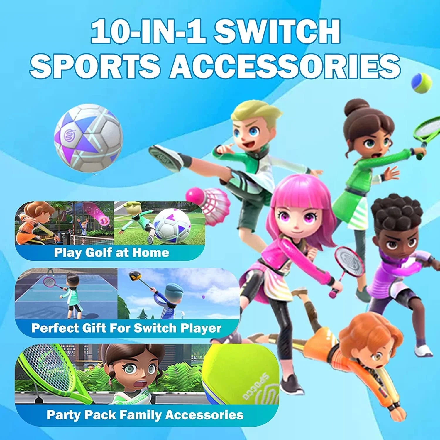 10 in 1 Family Accessories Kit for Switch Sports, Accessories Bundle with Tennis Rackets,Sword Grips,Golf Clubs etc