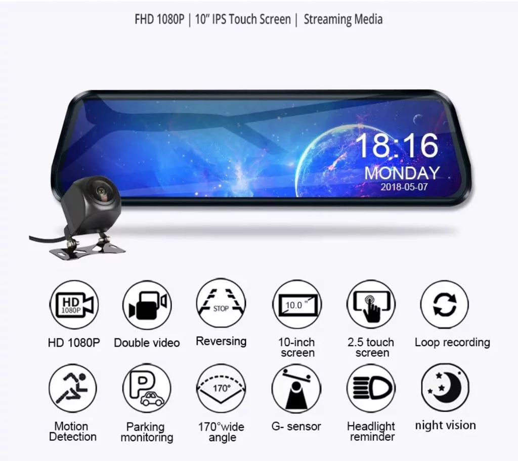 10” Mirror Dash Cam 1080P Touchscreen Dual Lens Front & Rear-View Night Vision 170° Wide Angle, Loop Recording G-Sensor, Parking Monitoring Camera (64   Card included)