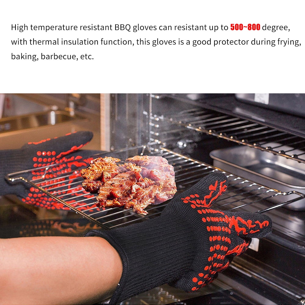 Barbecue Gloves with Silicone -slip Stripe Heat Proof Oven Gloves 500~800℃ Heat Resistant Grill Gloves for Outdoor Barbecue Garden Grilling Kitchen Cooking Welding