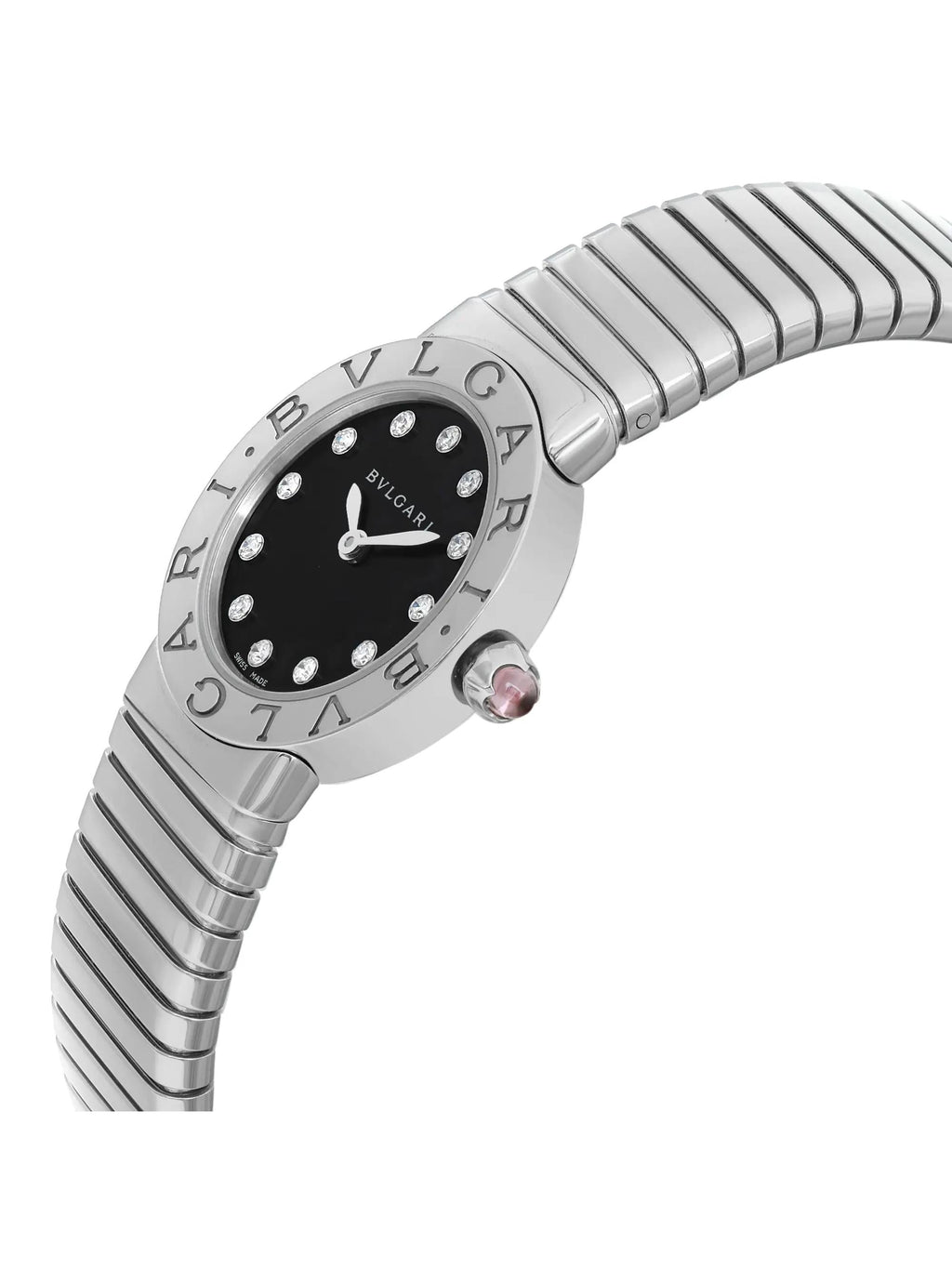 New Bvlgari Bulgari 26mm Steel Diamond Black Dial Ladies Quartz Watch 102145