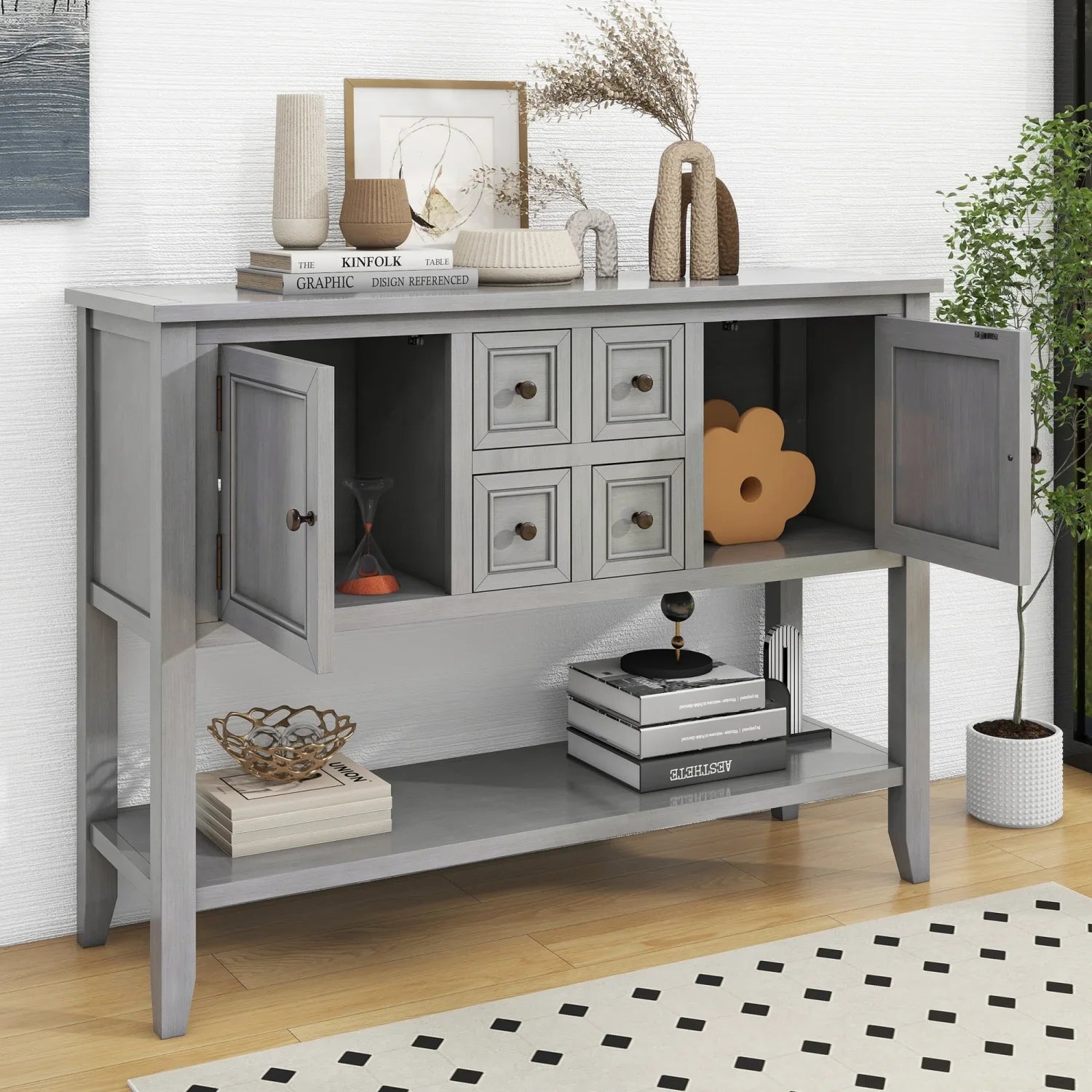 Vintage Ample Storage Cambridge Series Espresso Console Table with Four Small Drawers and Bottom Shelf for Living Rooms  Entrances  and Kitchens -  (  WF190263AAP)