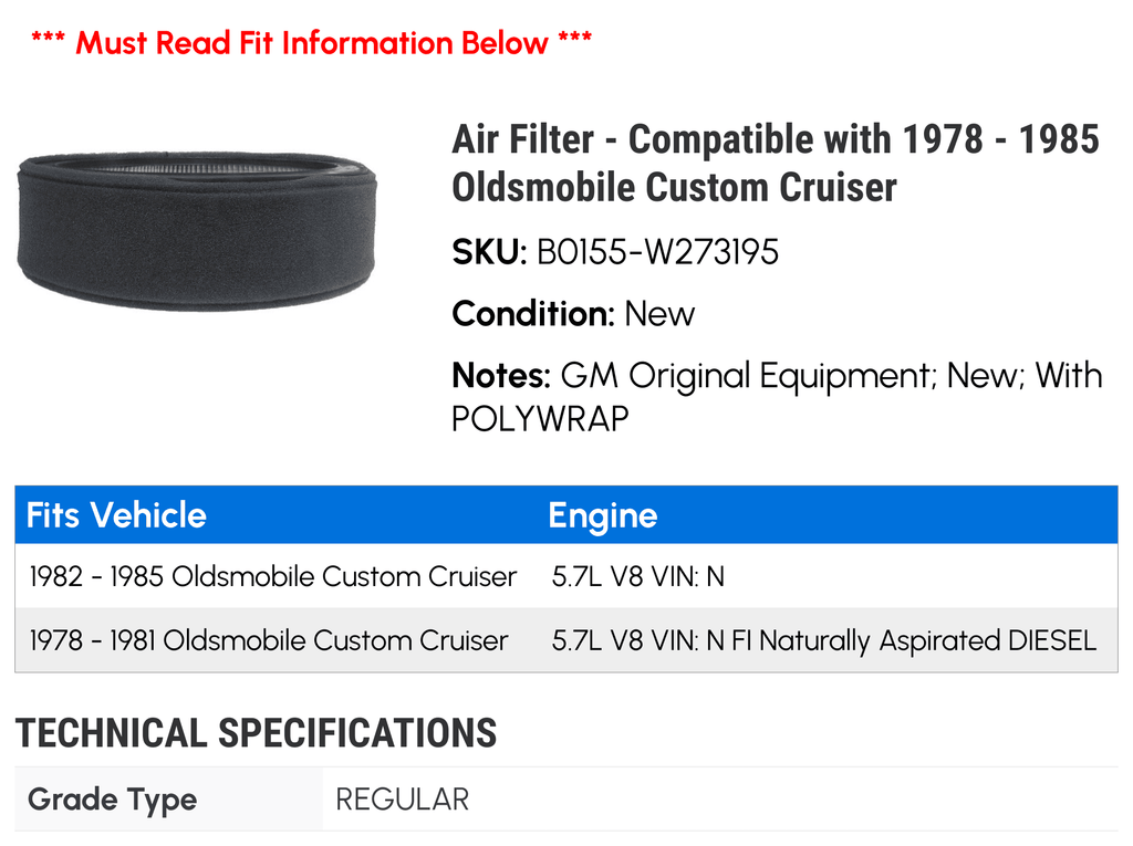 Air Filter - Compatible with 1978 - 1985 Oldsmobile Custom Cruiser 1979 1980 1981 1982 1983 1984