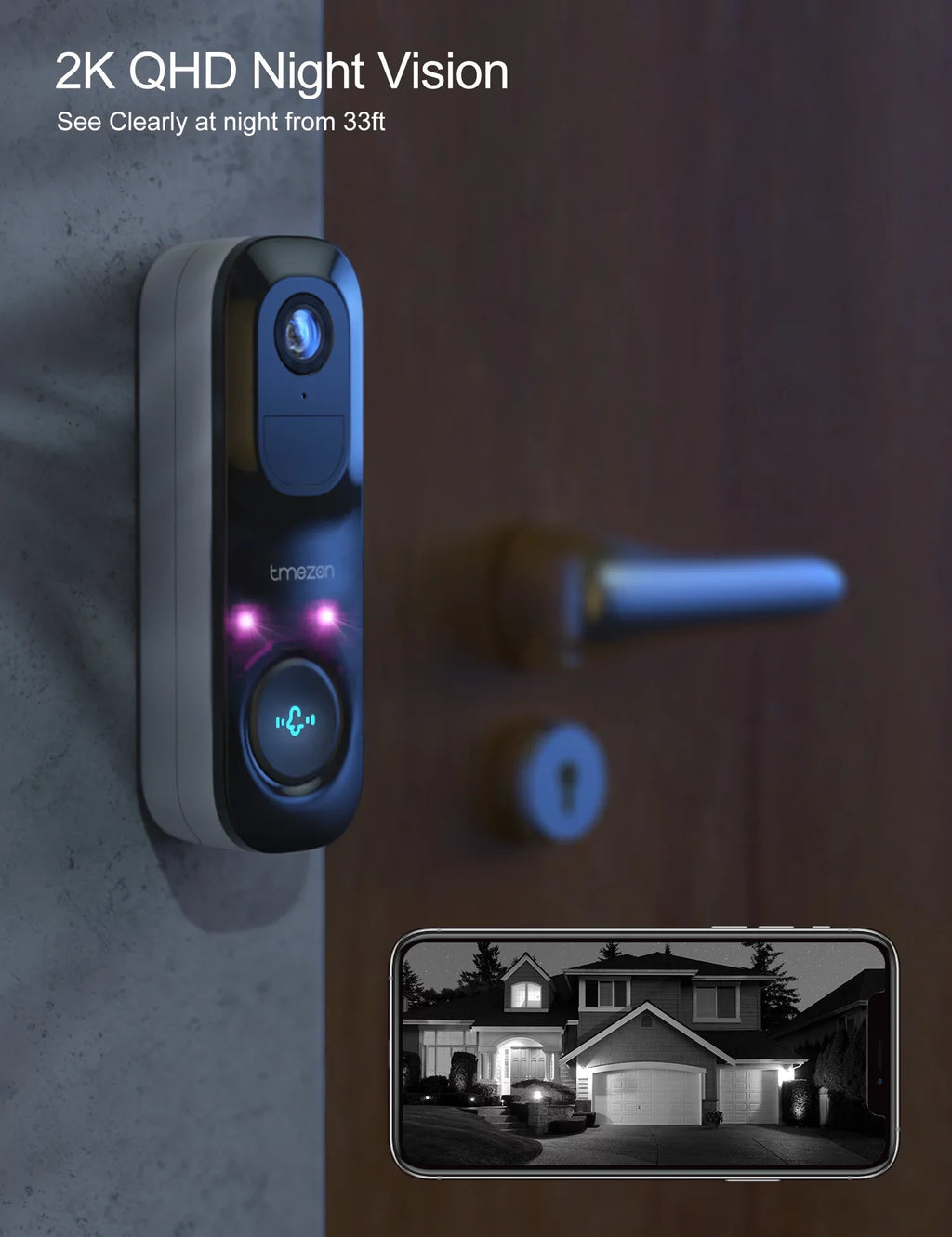 Wireless Doorbell Camera, 2K Smart Video Doorbell Works with Alexa Door Bell Camera for Home Security, 2.4G WiFi Required