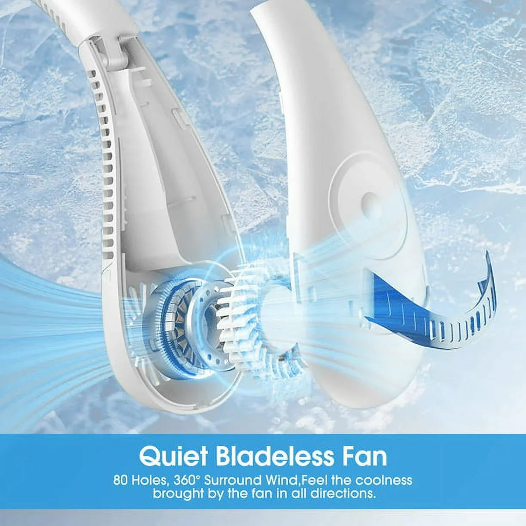 Folding Neck Fanwtith  Display, 360°Airflow 5000mAh  Rechargeable Mini Neck Fan Bladeless 3 Speeds Portable Summer Cooling Fans, White