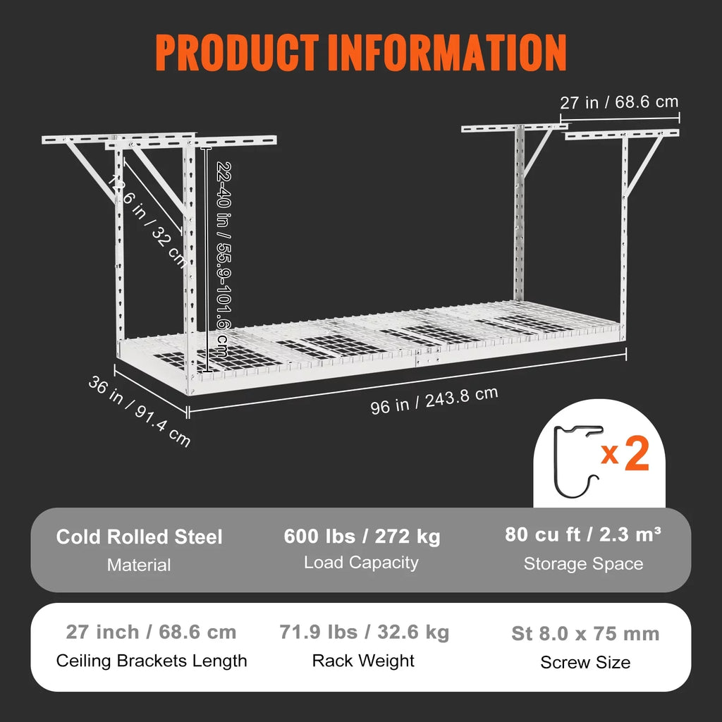 Overhead Adjustable Garage Storage Rack 36x96in Ceiling Rack 600lbs White