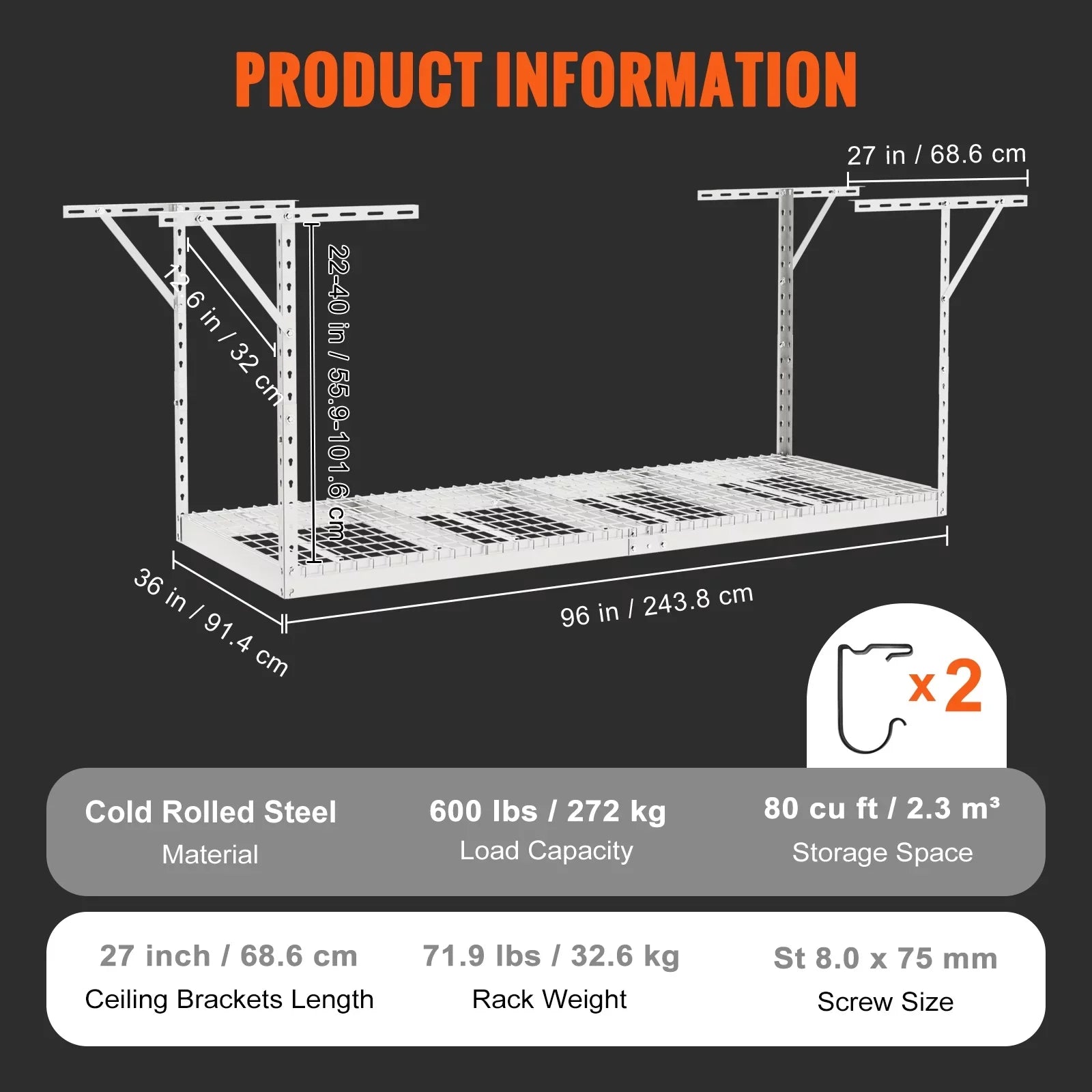 Overhead Adjustable Garage Storage Rack 36x96in Ceiling Rack 600lbs White