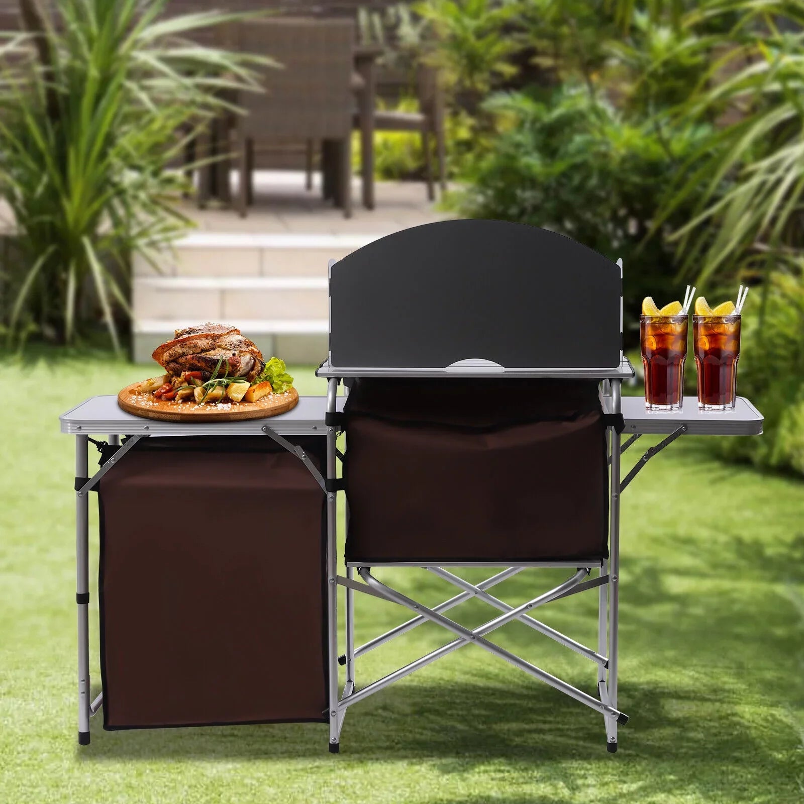 Camping Kitchen Table Storage Cabinet Folding  Grill Table Cupboard Shelf