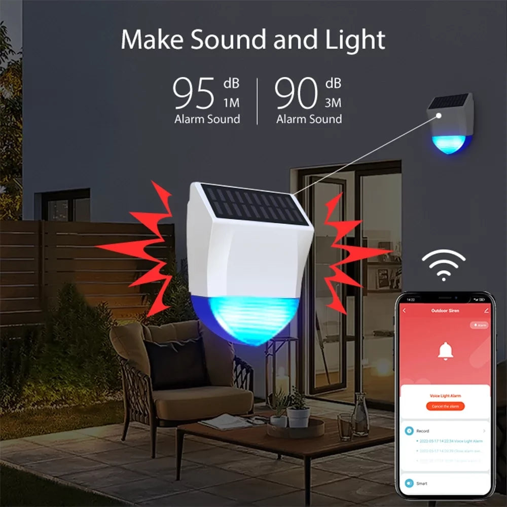 Solar Powered Wifi Outdoor Alarm  5.0 Smart Alarm IPX5 Waterproof Real-time Sound Light Alarm  Control Intelligent Linkage Home Device