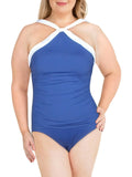 Lauren Ralph Lauren Womens Slimming Contrast Trim One-Piece Swimsuit Blue 14