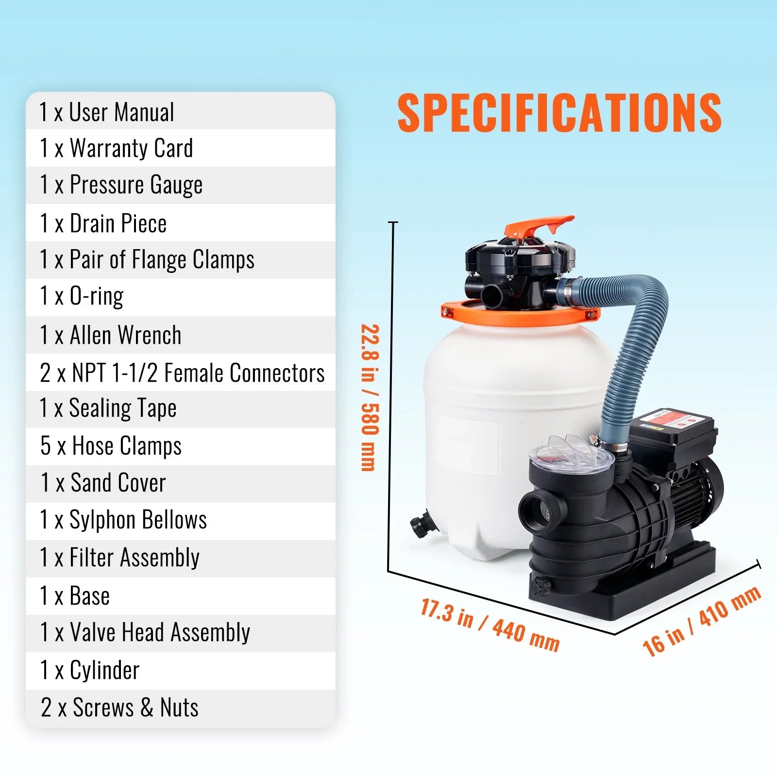 12" 6-Way Valve Sand Filter Above Ground with 1/2HP Swimming Pool Pump 3000GPH Flow