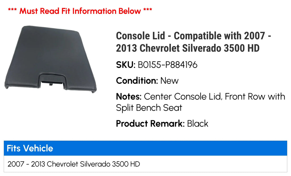 Console Lid - Compatible with 2007 - 2013 Chevy Silverado 3500  2008 2009 2010 2011 2012
