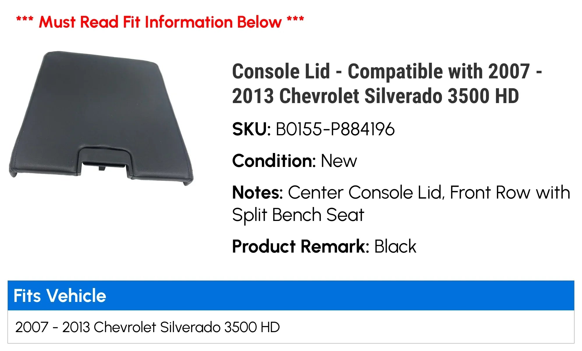 Console Lid - Compatible with 2007 - 2013 Chevy Silverado 3500  2008 2009 2010 2011 2012