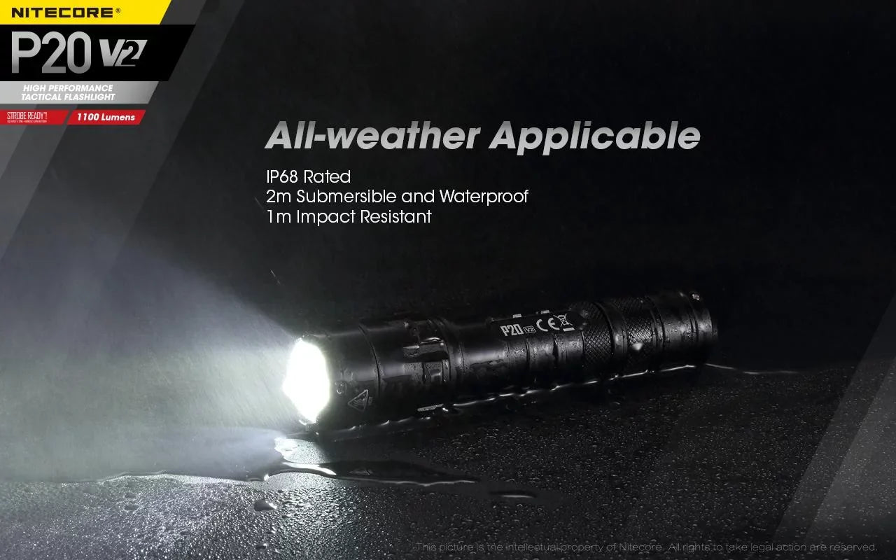 Combo: Nitecore P20 V2 Tactical  Flashlight -  -L2 V6 - 1100 Lumens w/NL189 Battery +2x Free Eco-Sensa CR123A Batteries