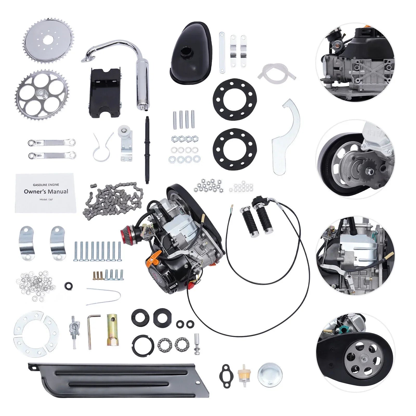 100cc 4 Stroke Bicycle Motor Kit Motorized Bicycle Engine Kit Single Cylinder Petrol Gas Motor Engine Kit, 44 Tooth Chain -156F