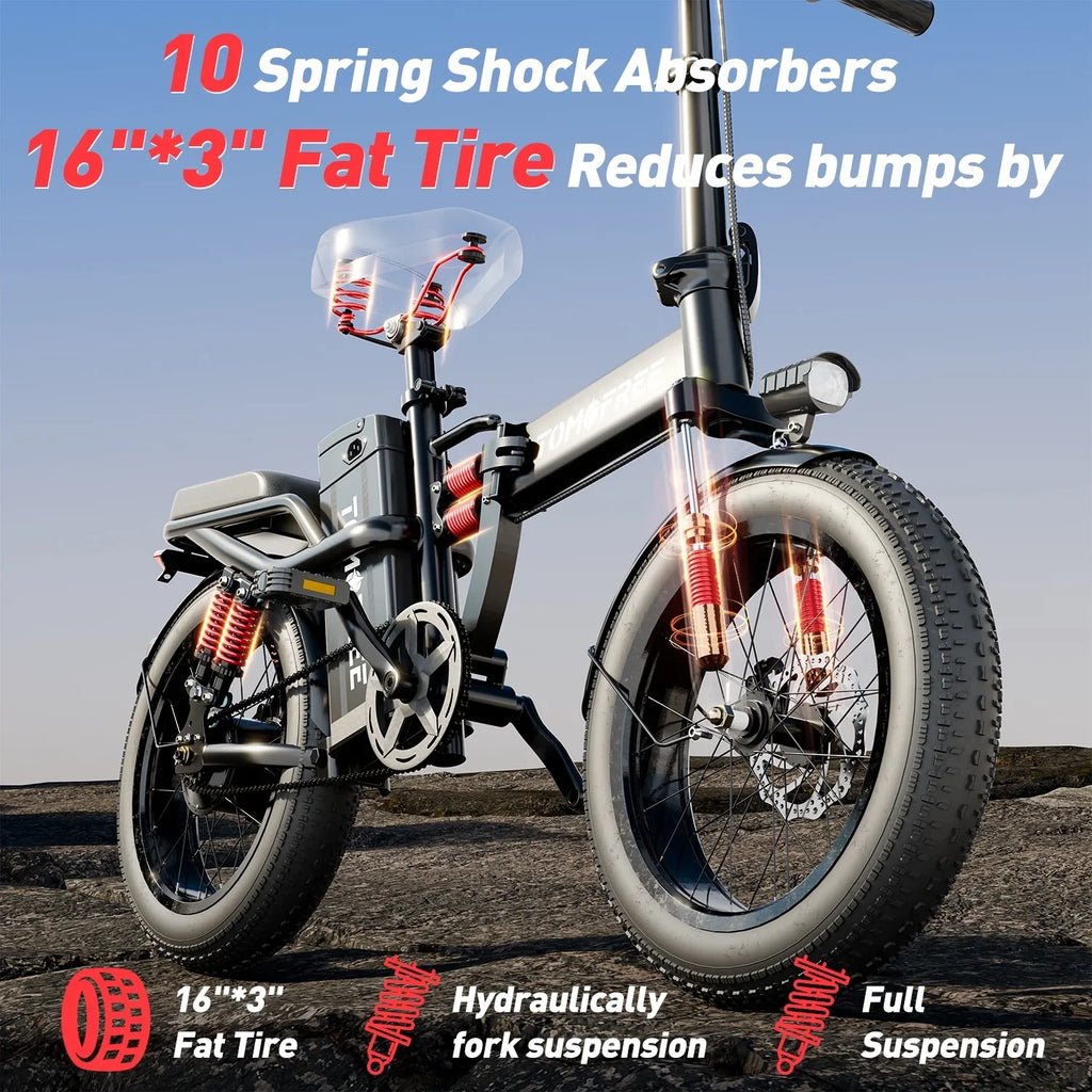Electric Bike for Adults, 48V 20AH Folding E-Bike Easy Assemble, 16* Tire Commuter Bike 40Miles Range 330lbs Load, Full   Certified, Black Ebike T1