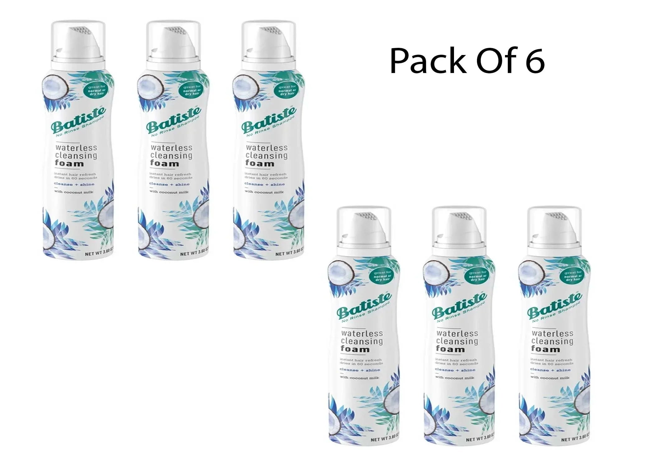 Batiste Waterless Cleansing Foam Cleanse + Shine with Coconut Milk, 3.6  (Pack Of 6)