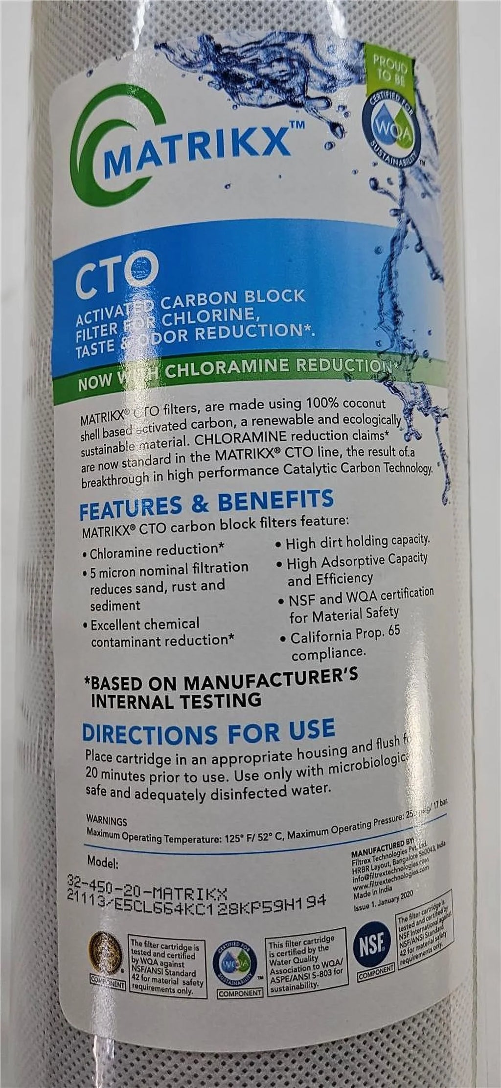 MatriKX (32-450-20-) 20"x4.5"  Carbon Block Chlorine Reduction 5 Micron Filter