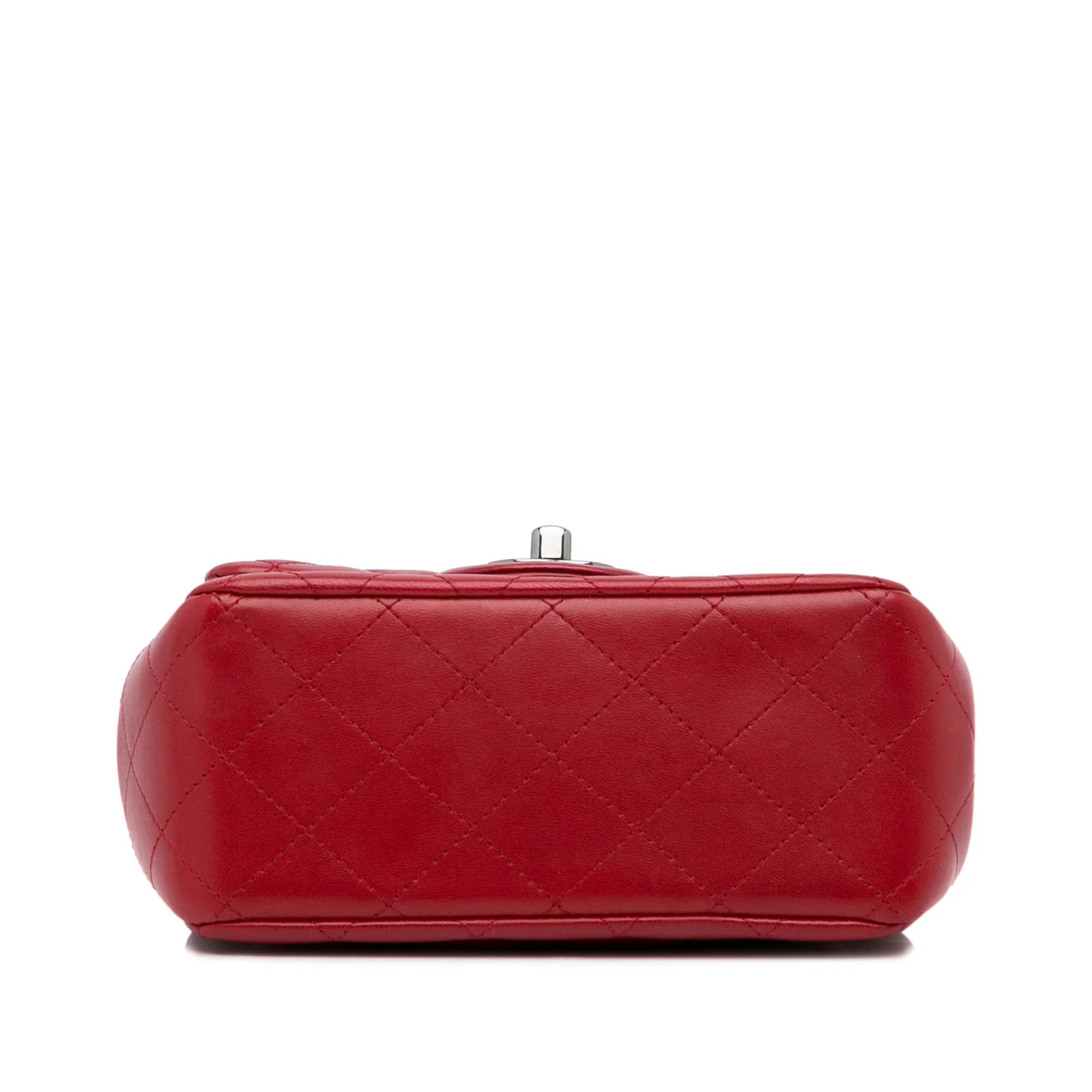 Pre-Owned Authenticated Chanel Mini Classic Lambskin Square Single Flap Leather Red Crossbody Bag Unisex (Good)