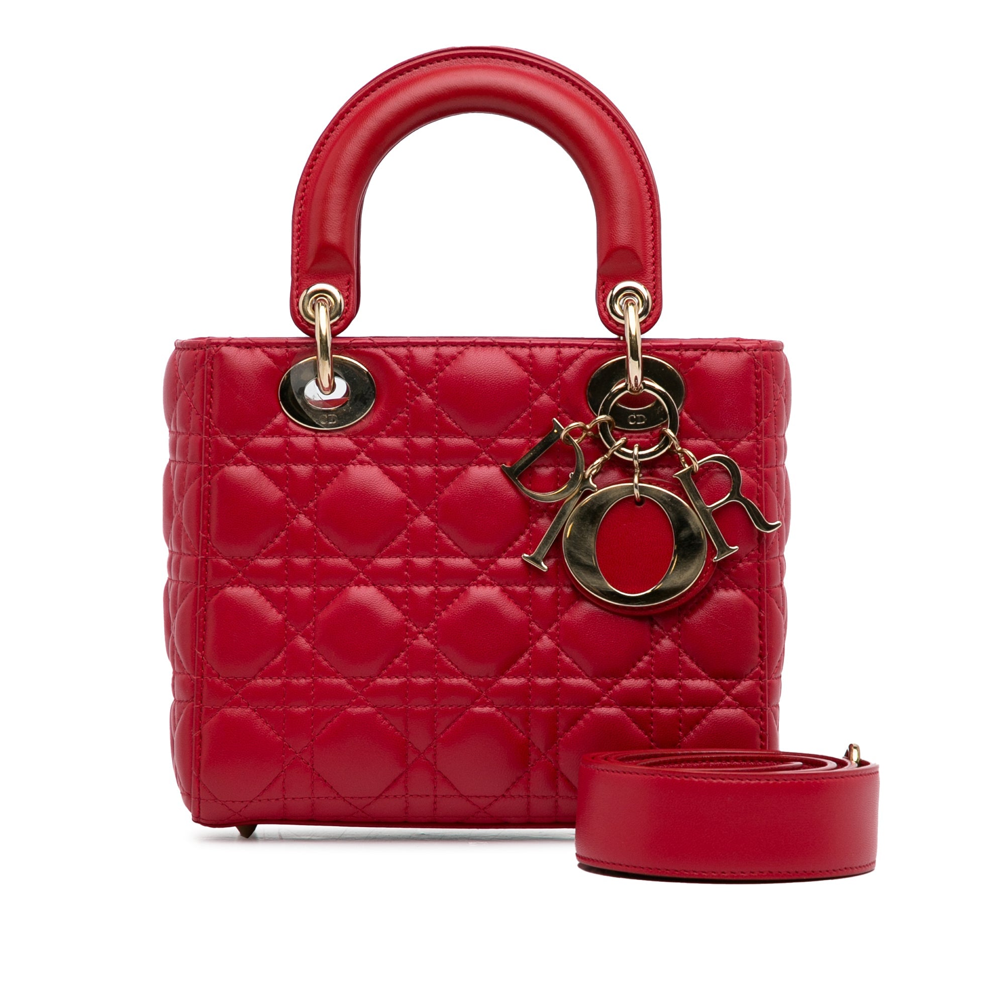 Pre-Owned Authenticated Small Lambskin Cannage My ABCDior Lady Dior Leather Red Satchel Unisex (Good)