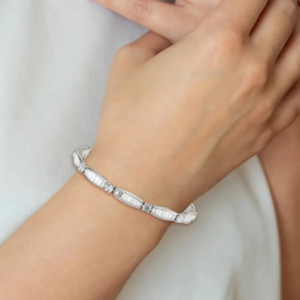 Sterling Silver Rhodium-plated Baguette and Round  Bracelet QQX400CZ