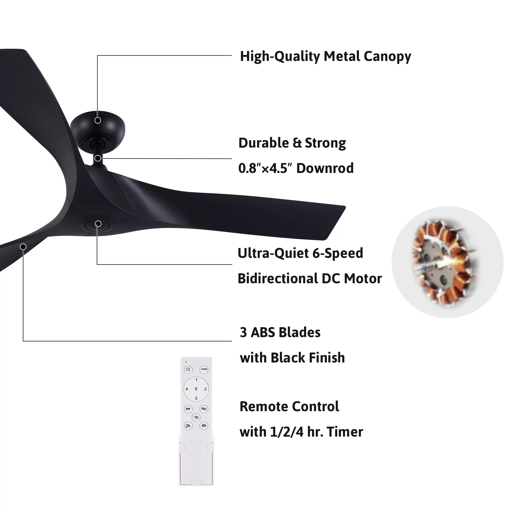 52" Smart Ceiling Fan with Remote Control, 3 Blades, 6 Speeds, Timer, Black