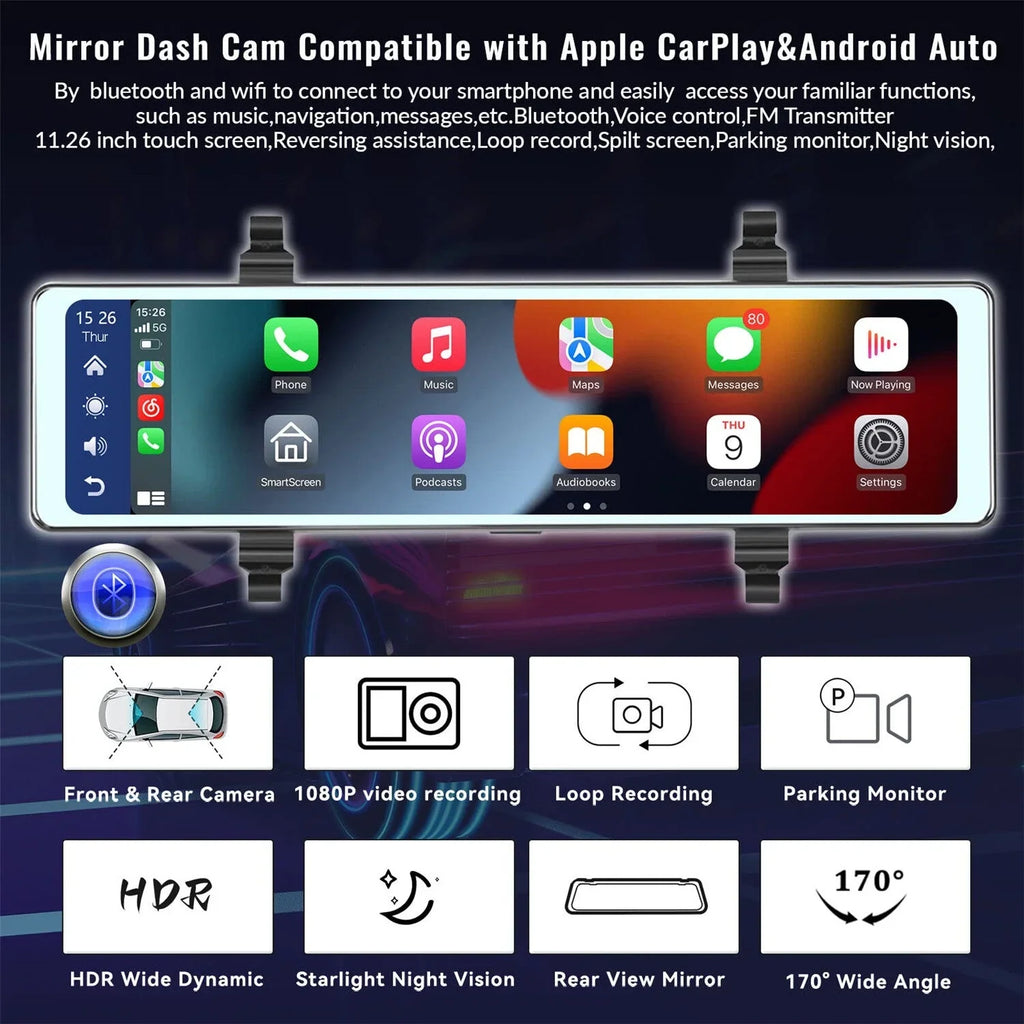 Mirror Dash Cam with Wireless Apple Carplay&Android Auto,11.26" Voice Control Rear View Mirror 1080P Front and Rear View Dual Cameras, Transmitter,Night Vision,Parking Assistance, ,Loop Recording