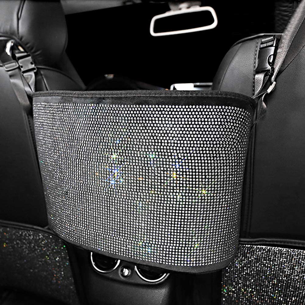 eing Bling Car Handbag Holder Backseat Organizer,Car Net Pocket Between Seat,Back Seat StorageTrash Can,Rhinestones Auto Seat Storage Bag,3-Pack Car Accessories - Plush,White