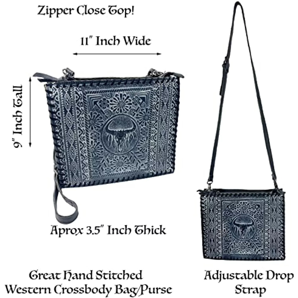 Urbalabs Western Crossbody Purse Large Handbag Genuine Leather Longhorn Cow Skull Tooled Tote Bag Hand Stitched (Blue)