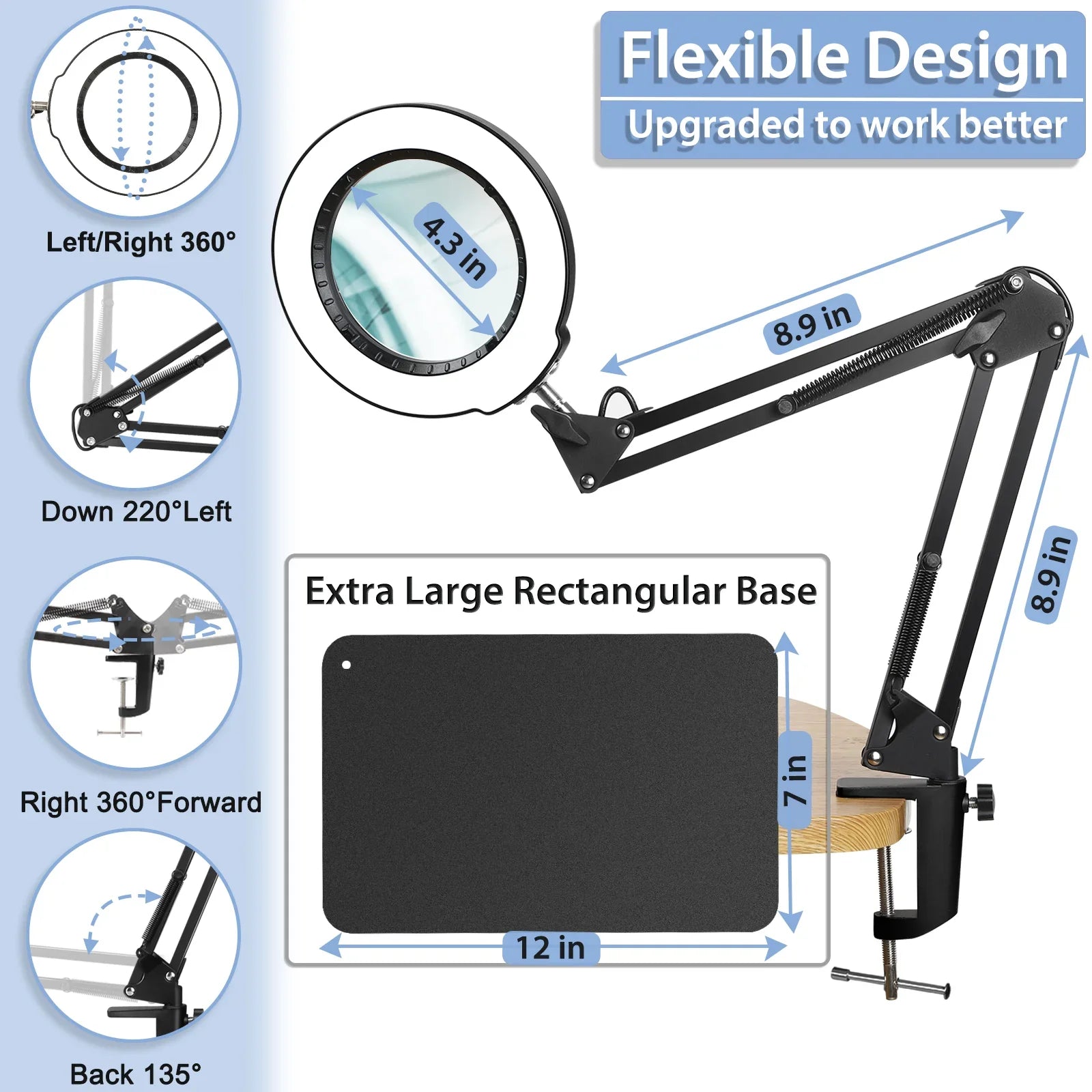 10X Magnifying Glass with Light and Stand, 2-in-1  Magnifying Desk Lamp with Clamp, 5 Color Modes Stepless Dimmable, Hands Free Lighted Magnifier for Craft, Painting, Close Work, Sewing